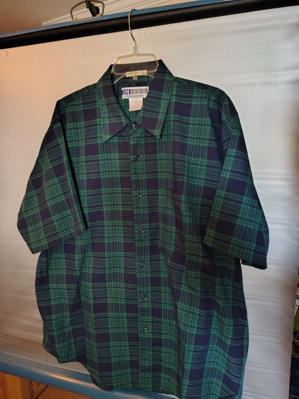 United Mens 2XL Green & Black Plaid Short Sleeve Button-Up Shirt